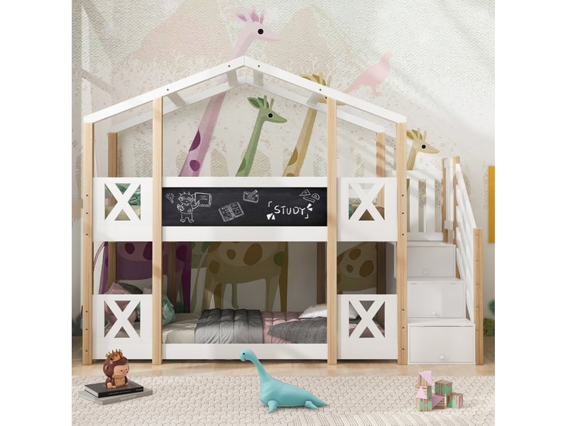  Lit superposé enfant 90 x 200 cm avec escalier de rangement et tableau, blanc naturel  - Conforama E