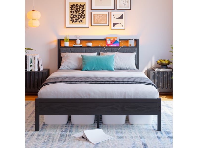  Cadre de lit 140 x 200 cm noir avec led, tête de lit de rangement et ports usb  - Conforama B