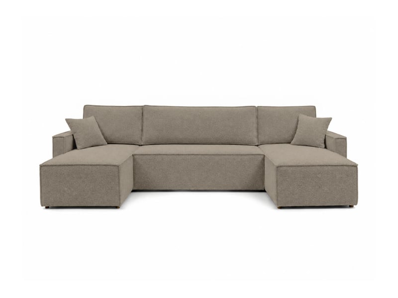  Farah - canapé d'angle panoramique convertible 6 places accoudoirs slim en tissu bouclettes texturées  - Conforama E