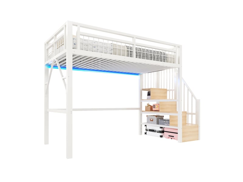  Lit mezzanine enfant 90x200 cm en métal avec led, escalier avec rangement, garde-corps sécurisé et espace de jeu sous le lit - blanc  - Conforama A