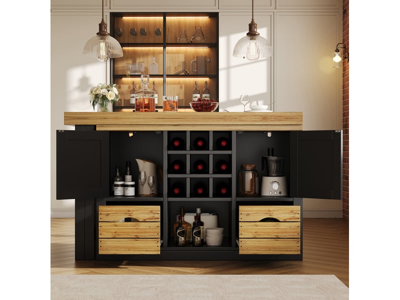  Îlot de cuisine extensible pivotante avec porte-bouteilles amovible 120-197x40x72 cm noire  - Conforama B