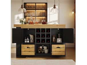 Îlot de cuisine extensible pivotante avec porte-bouteilles amovible 120-197x40x72 cm noire