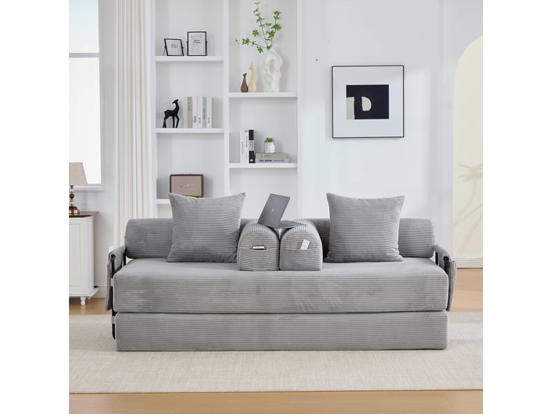  Canapé modulable gris clair velours côtelé 3 places avec coussins, idéal petit salon, 200cm  - Conforama R