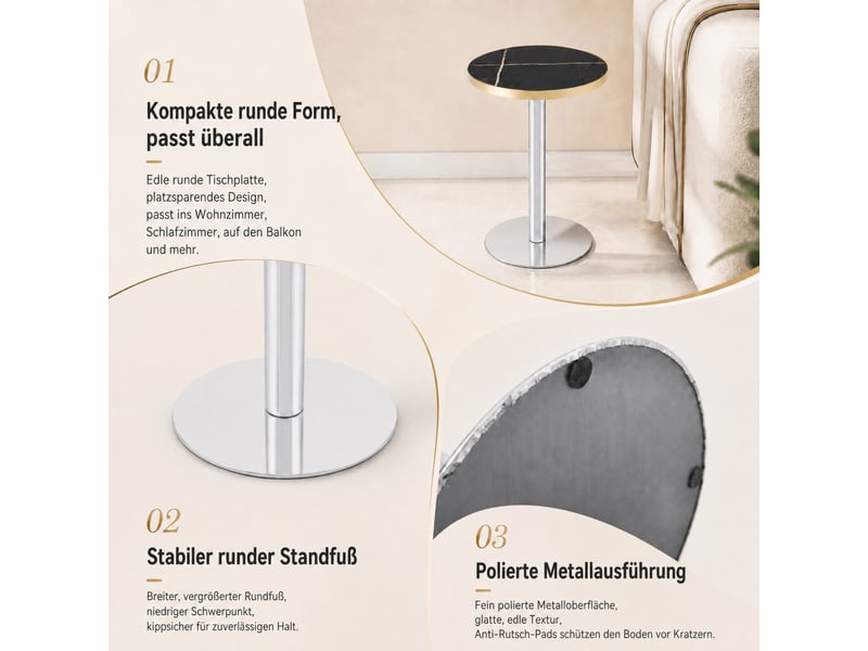  Table d’appoint ronde avec plateau effet marbre et base lestée - lpospi - mdf et acier inoxydable doré noir  - Conforama E
