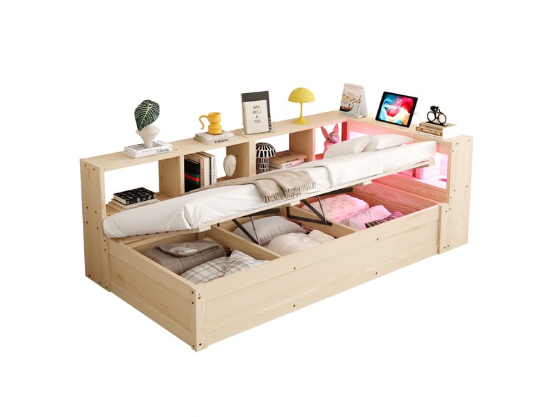  Lit coffre 90 x 200 cm en bois naturel avec led, prise intégrée et rangements  - Conforama A