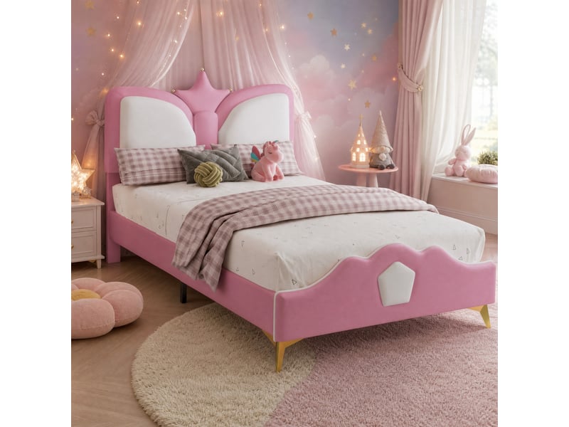  Lit enfant simple 90×200 cm tête de lit couronne et bords antichoc  - sans matelas, pu rose et blanc  - Conforama B