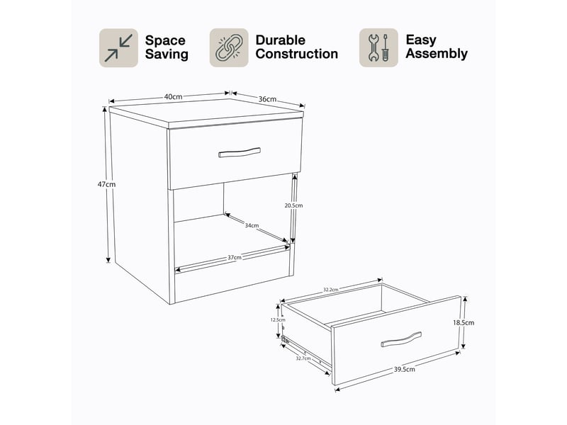  Table de chevet riano, commode de nuit, chambre, 47x40x36cm, set de 2, 1 tiroir, noir 3332392 - Conforama D