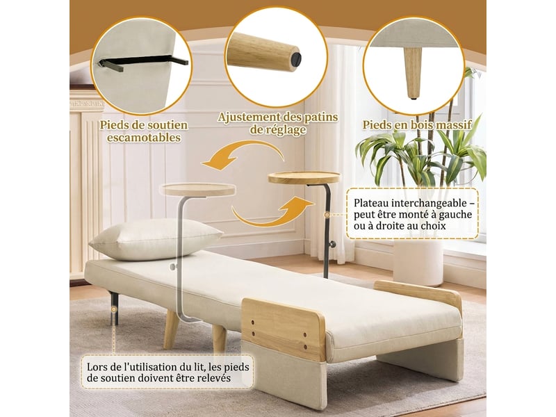  Fauteuil convertible 3 en 1, fauteuil lit 1 place avec tablette, beige  - Conforama D