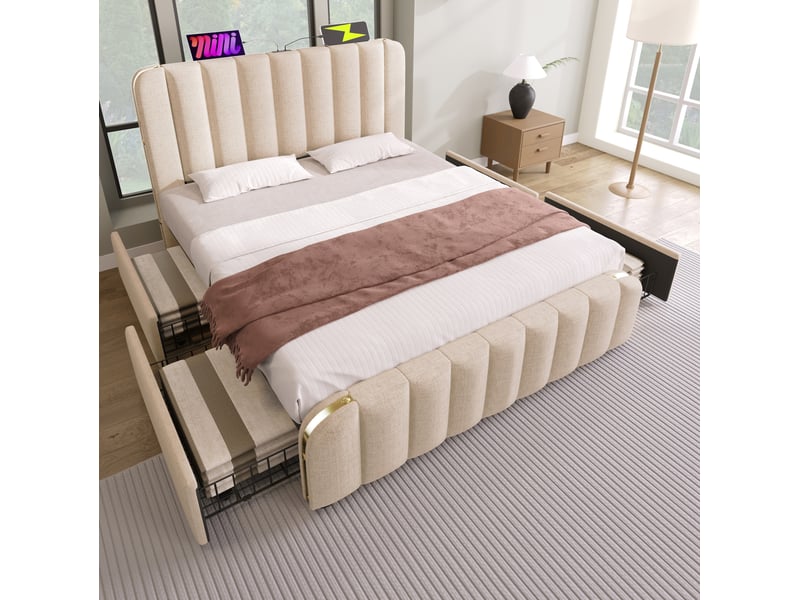  Lit double 160 x 200 cm beige en lin avec matelas, 4 tiroirs et ports usbtype-c  - Conforama C