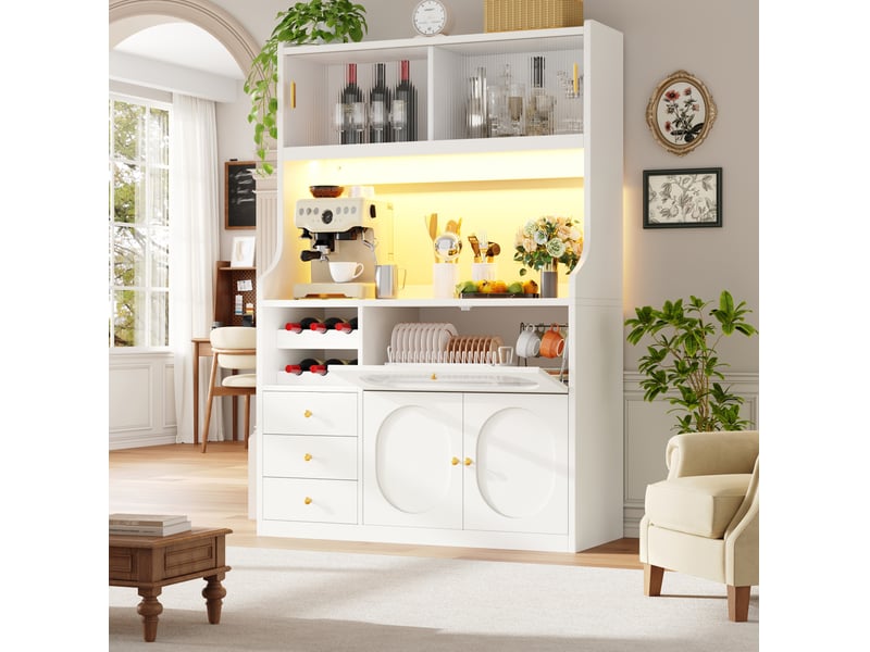  Meuble haut de cuisine 120 cm avec éclairage rgb, portes vitrées coulissantes, casier à bouteilles, 3 tiroirs, blanc  - Conforama B