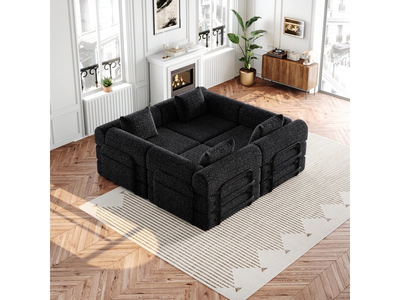  Canapé convertible 4 places - 368x91x70cm - chauffeuse lit chenille, poches rangement, cadre acier - noir  - Conforama D
