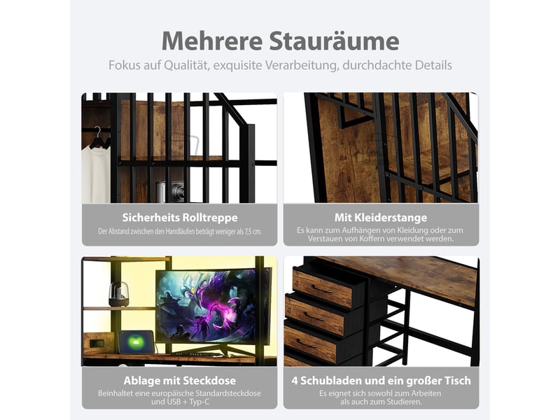  Lit superposé 90 x 200 cm, métal, bureau, rangements, penderie, led, prise, multifonctionnel  - Conforama D