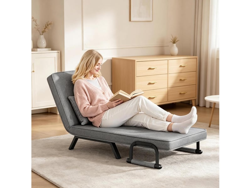  Fauteuil convertible tcqpz 3 en 1 pliant avec fonction lit 190 x 74 x 26 cm dossier réglable 5 positions lin métal mousse gris foncé  - Conforama D