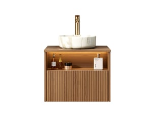 Meuble sous vasque suspendu avec 1 tiroir, 1 niche, led à détection, salle de bain en contreplaqué, 60×46×58,8 cm