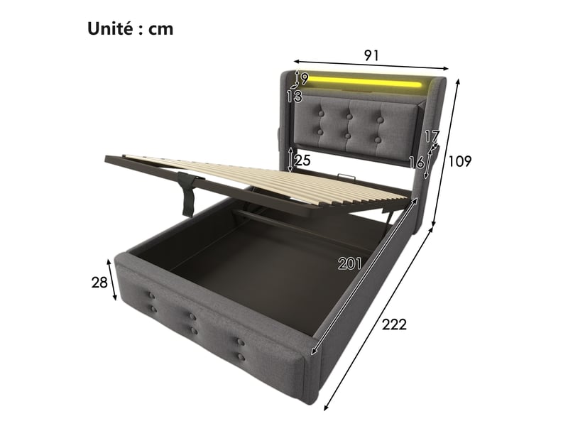 Lit coffre 90 x 200 cm - lit simple avec fonction charge usb et tête led - bois, coton, métal - sans matelas - gris - Conforama C