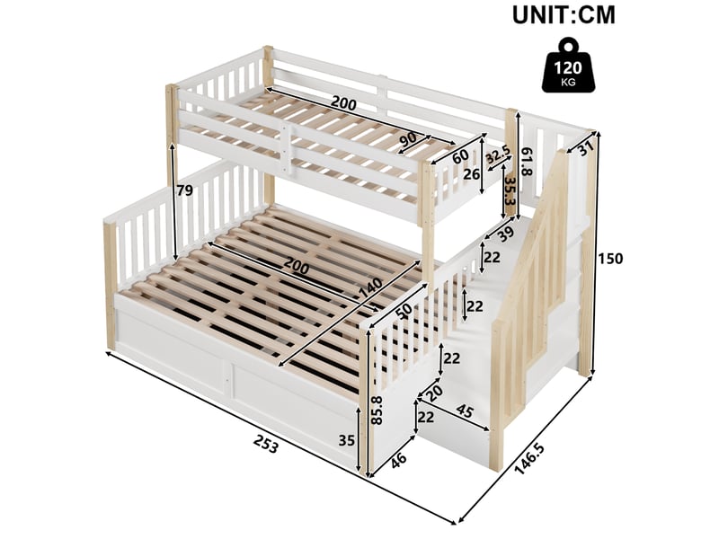 Lit superposé 90x200 et 140x200 cm, escalier de rangement, coffre hydraulique, pin et mdf, blanc et naturel sans matelas  - Conforama C