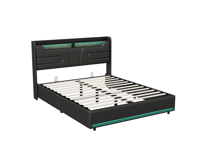  Lit double coffre - 160 x 200 cm-noir - en similicuir pu, avec tête de lit lumineuse, double éclairage led, ports de charge et vérins hydrauliques  - Conforama A