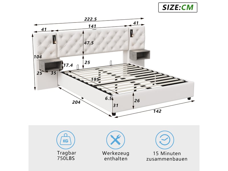  Lit double coffre - 140 x 200 cm - beige - velours, tête de lit capitonnée, éclairage led, tables de chevet intégrées et vérins hydrauliques  - Conforama B