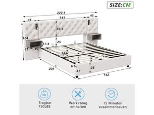 Lit double coffre - 140 x 200 cm - beige - velours, tête de lit capitonnée, éclairage led, tables de chevet intégrées et vérins hydrauliques