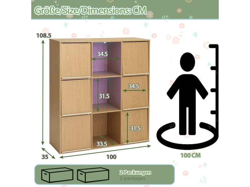  Bibliothèque enfant avec led et portes rabattables, meuble de rangement effet bois naturel avec niches ouvertes 100 x 35 x 108,5 cm  - Conforama D