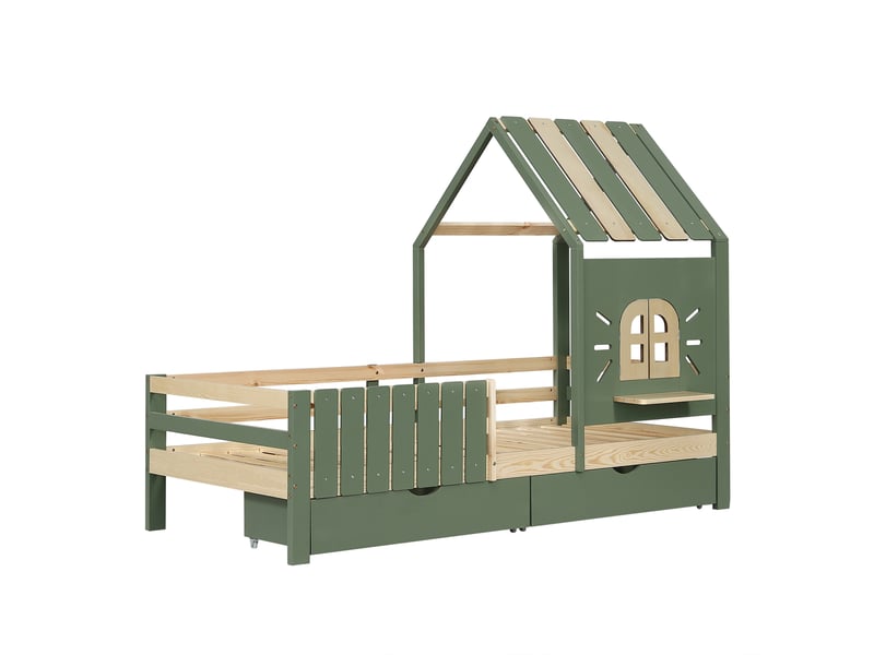  Lit enfant 90x200 cm avec 2 tiroirs, lit simple avec toit et fenêtre, avec rebord de fenêtre en bois, clôture à quatre côtés,pin+mdf  - Conforama B