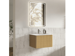 Meuble sous vasque suspendu avec 1 tiroir et miroir led antibuée réglable pour salle de bain, effet chêne clair