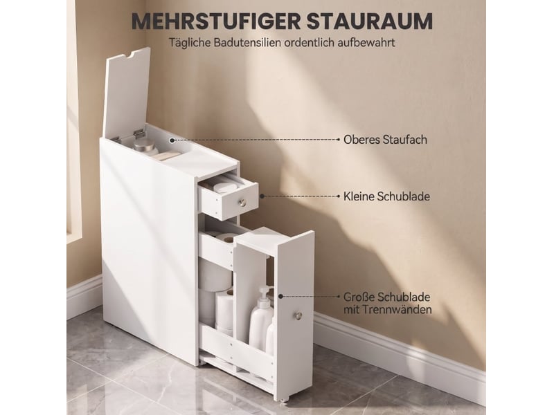 Meuble de rangement de salle de bain étroit blanc avec 2 tiroirs et niche ouverte, 48 × 16 × 58 cm, pratique au quotidien - Conforama D
