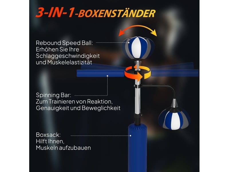  Station de boxe sur pied 107 x 36 x 140-205 cm – bleue – speedballs, barre rotative et pad de frappe  - Conforama E