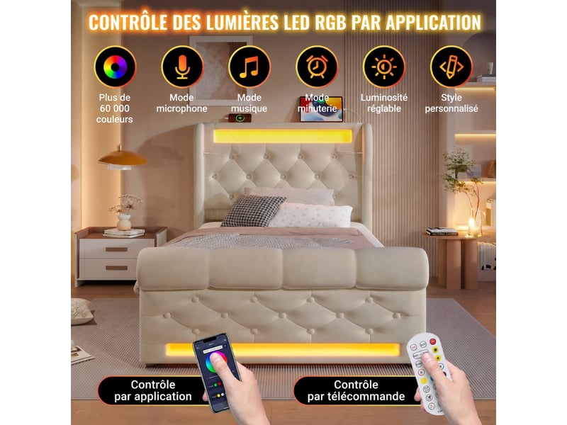  Lit coffre 140x200 avec matelas inclus, led, usb-c, velours beige  - Conforama E