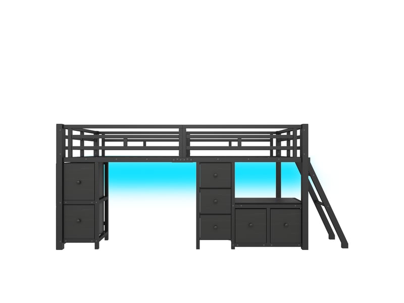  Lit mezzanine 90x200 cm avec 7 tiroirs et éclairage led noir  - Conforama E