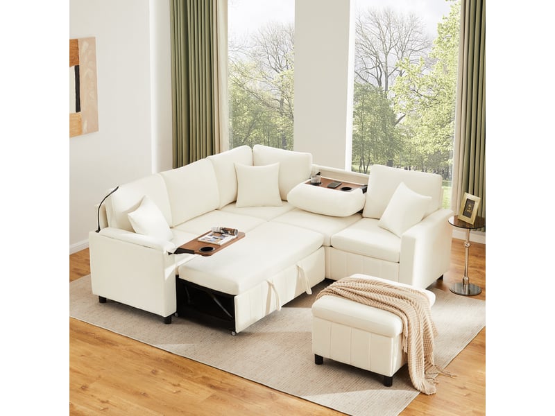  Canapé d’angle convertible avec table et ports usb-c  - liseuse, rangement, chenille beige 205 × 205 × 85 cm  - Conforama B