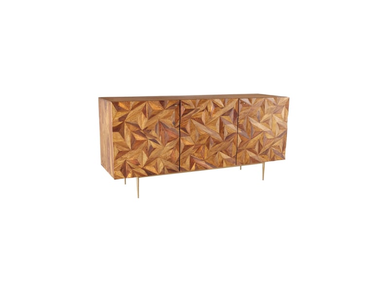  Buffet aravis 144 cm en bois massif de sheesham – 3 portes sculptées, marron et pieds dorés  - Conforama A