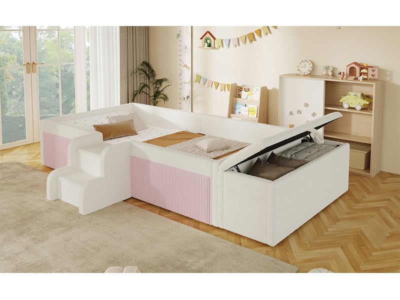  Lit enfant 90 x 190 cm, banc coffre mobile, escalier 2 marches, contours rembourrés, sommier à lattes inclus, revêtement bouclé, blanc et rose Luxe haut de gamme - Conforama W