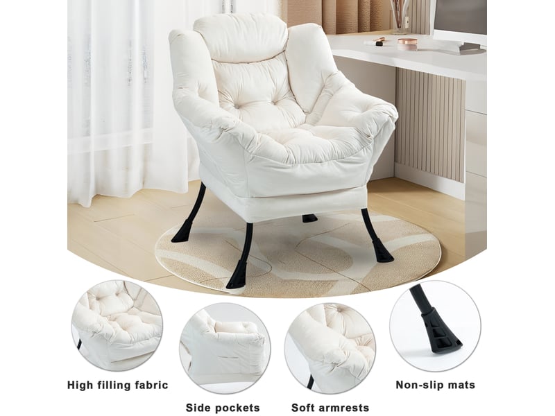  Fauteuil de détente modenvie avec poche latérale blanc cassé structure métal 75 x 80 x 85 cm  - Conforama D