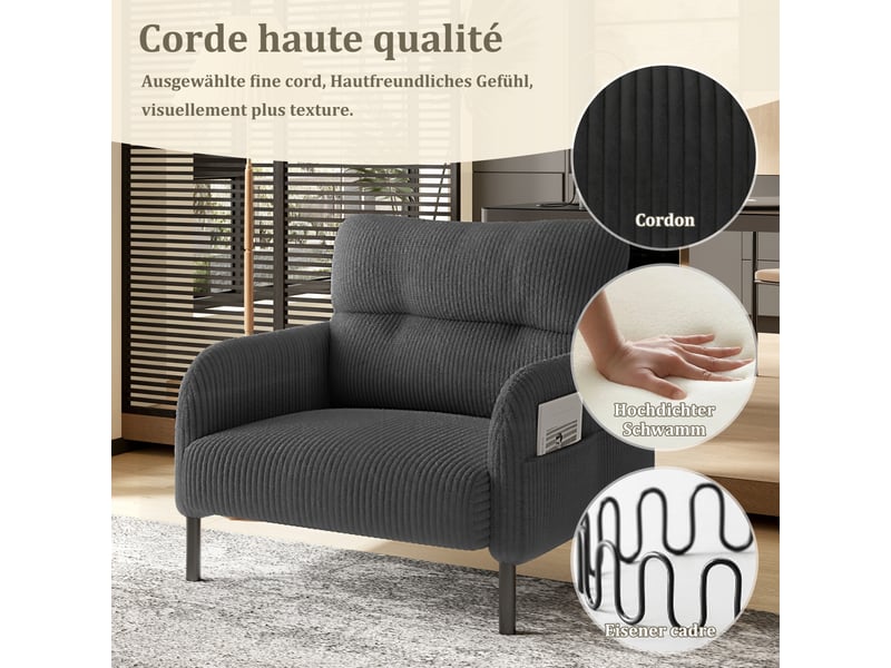  Fauteuil d'accent 67x75x79cm – fauteuil lounge contemporain avec assise profonde et poches latérales double face – velours côtelé - anthracite  - Conforama E