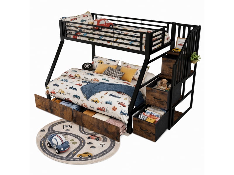  Lit superposé familial 90x200 et 140x200 cm avec escalier de rangement, 2 tiroirs et barrières de sécurité, métal et mdf - noir, noir et vintage  - Conforama E