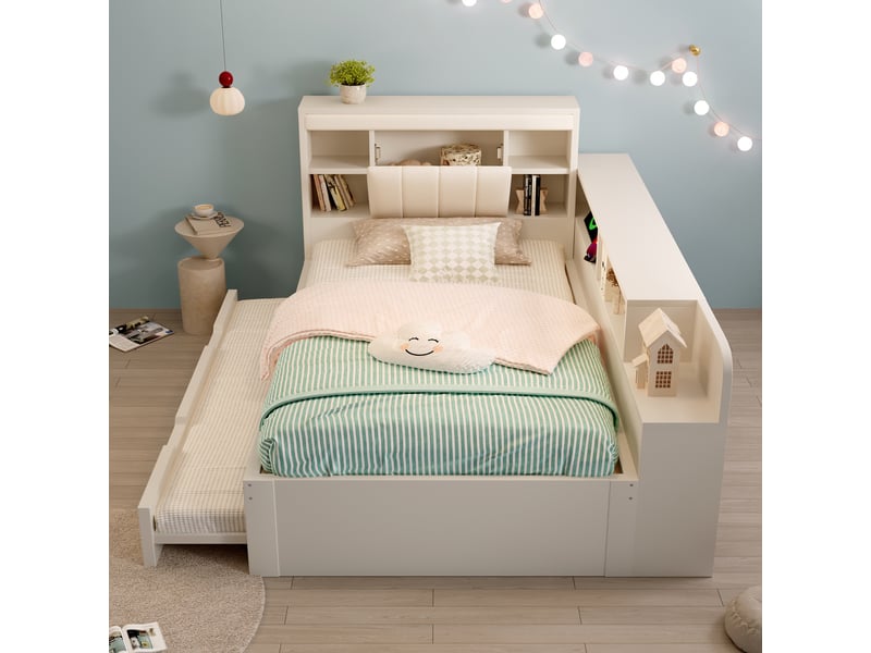  Lit banquette gigogne 90x200cm avec sommier à lattes, liseuses, ports usb, tête de lit en pu et étagères, cadre en bois, sans matelas, blanc evarich - Conforama E