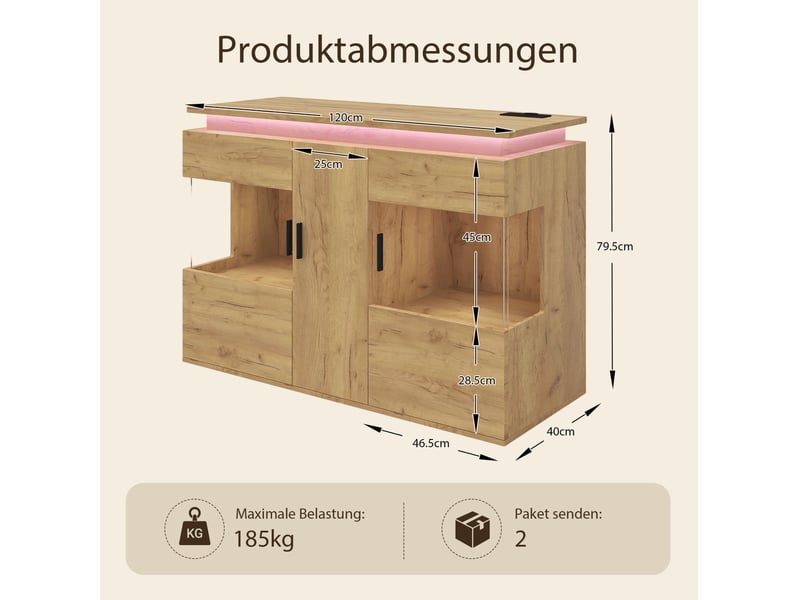  Buffet 120x40x79.5 cm avec led 16 couleurs et station de charge, bois d’ingénierie chêne clair  - Conforama E