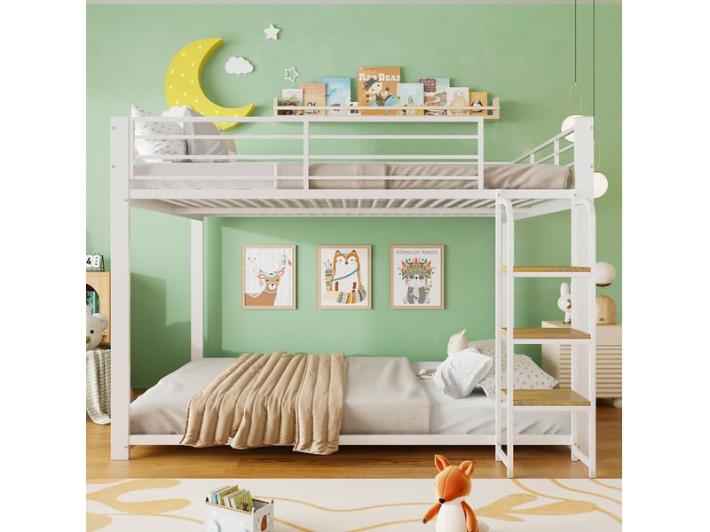  Lit superposé 140 × 200 cm 2 places avec escalier, barrière de sécurité et structure silencieuse, sans matelas, blanc  - Conforama B