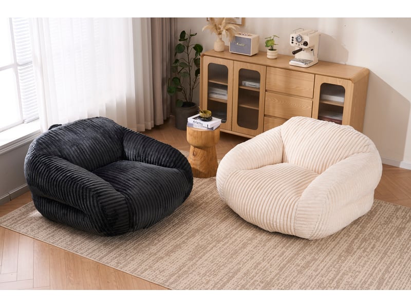  Fauteuil poire adulte en velours côtelé beige, rembourré de mousse, 116 x 110 cm  - Conforama E