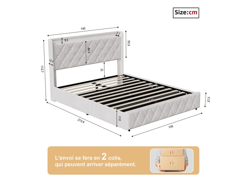  Lit coffre 140x200 cm avec led rgb,usb et type-c, lit double en velours beige ,hydraulique,grand rangement,sommier inclus  - Conforama C
