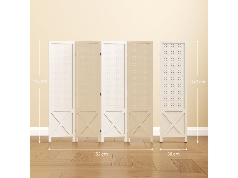  Paravent intérieur en bois 4 panneaux séparateur de pièce pliable panneau perforé blanc 152 x 1,7 x 144,5 cm  - Conforama C