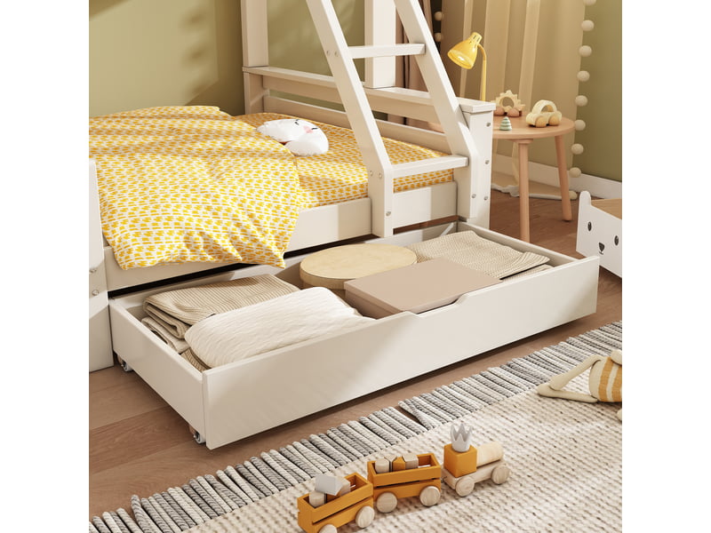  Lit superposé, lit 3 places avec toboggan, échelle et tiroir, 200x90 cm et 200x140 cm, sans matelas, blanc  - Conforama E