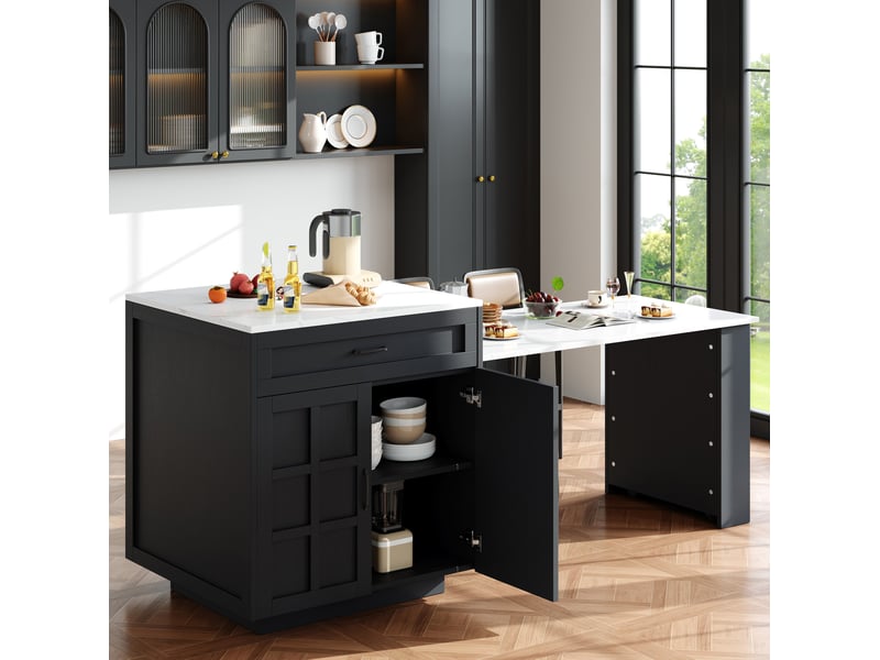  Îlot de cuisine extensible 133-202 x 70 x 93,5 cm avec rangement, noir  - Conforama E
