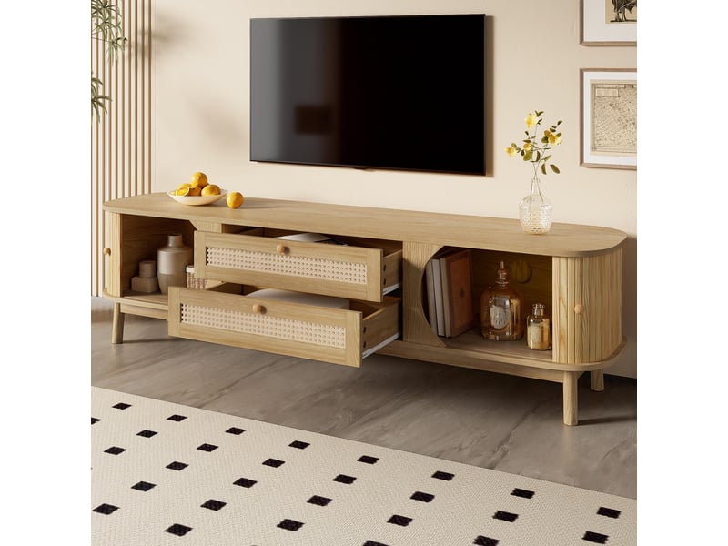  Meuble tv 170 cm  – portes + tiroirs en rotin -  style campagne  – bois naturel - buffet bas et table tv moderne  - Conforama D