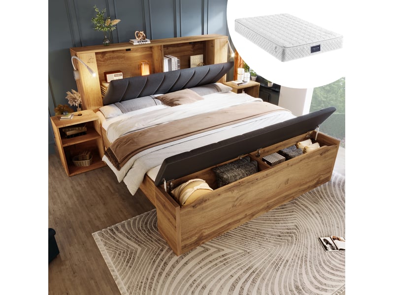  Lit double 160 x 200 cm en bois clair avec tête de lit rabattable, lampes usb et matelas  - Conforama B