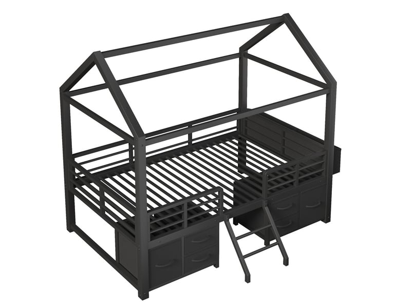  Lit enfant 90x200 cm avec toit - éclairage led - lit cabane avec 6 tiroirs en tissu et rangements - métal - noir  (sans matelas)  - Conforama W
