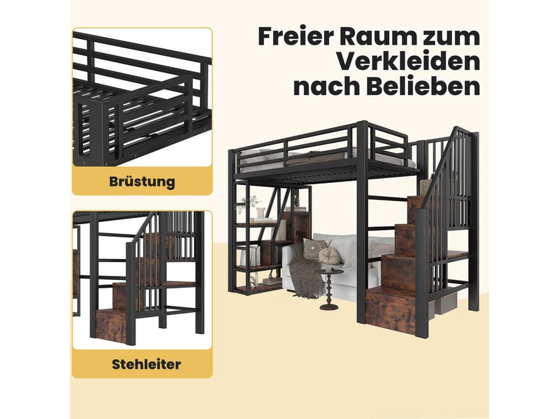  Lit mezzanine 90 x 200 cm lit 1 place cadre en fer éclairage led marches intégrées barrière de sécurité rangement ouvert  - Conforama E