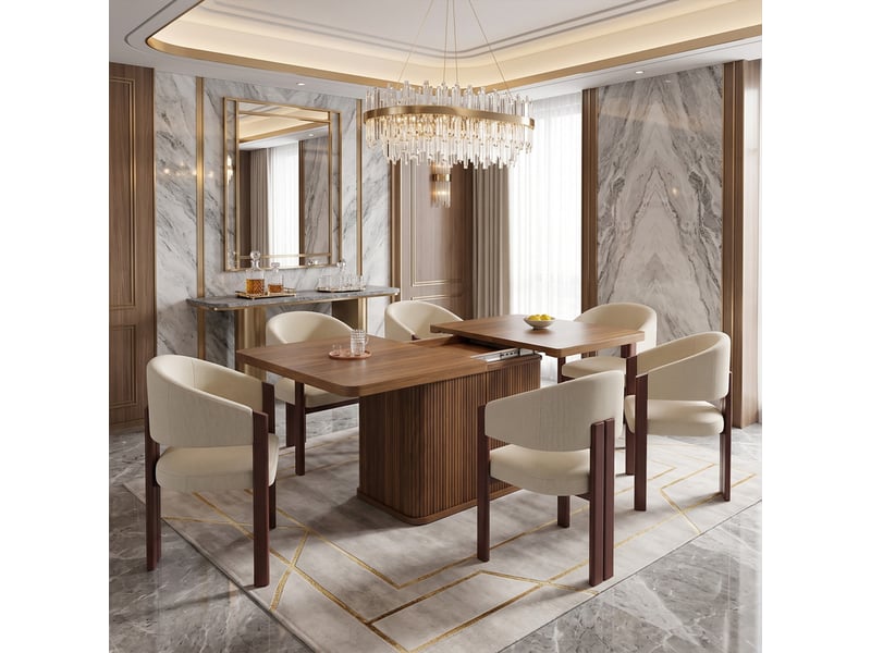  Ensemble table et chaises, table 140-180cm rangement caché, plateau extensible, brun + 6 chaises ergonomiques  - Conforama D