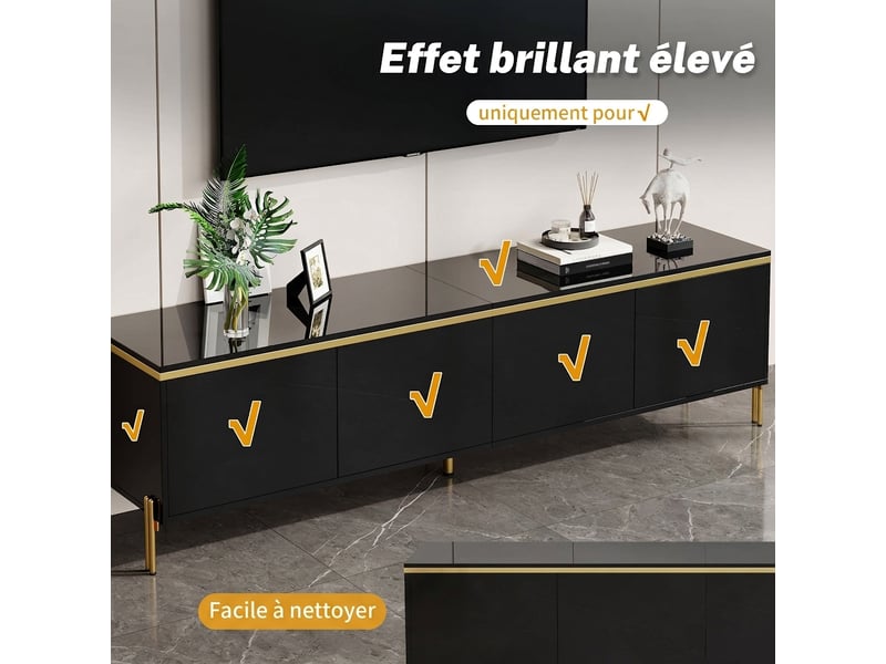  Ensemble meuble tv et table basse noir brillant avec pieds en métal doré et rangements  - Conforama D